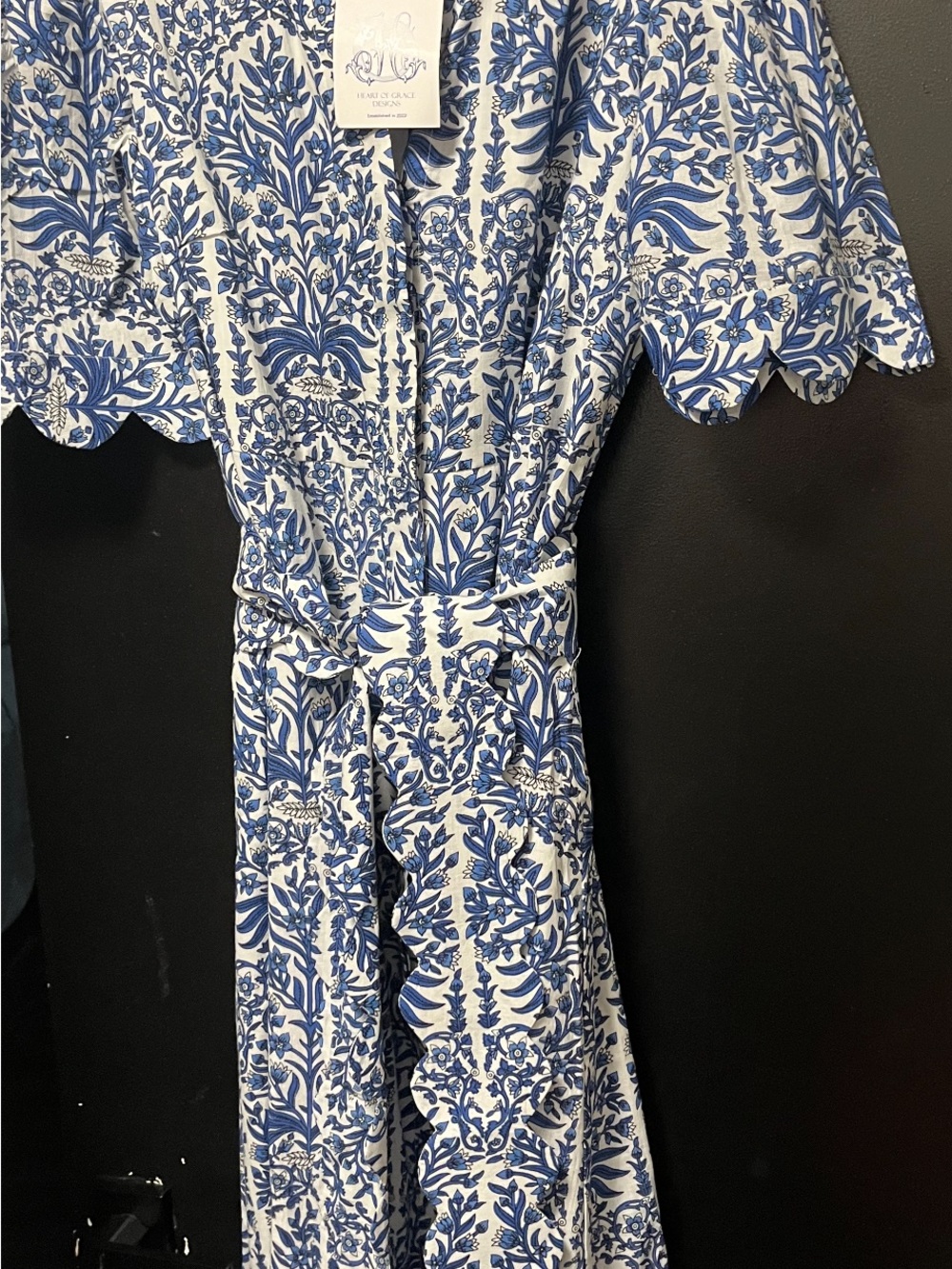 Blue & White Floral Midi Dress with Tie Waist - Picture 3 of 5